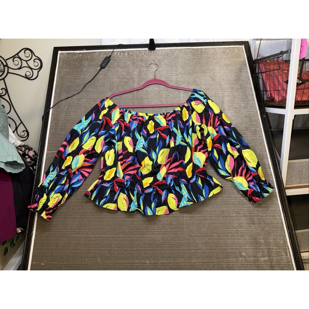 Target Black Off-Shoulder Floral Peplum Blouse with Bright Leaf Print